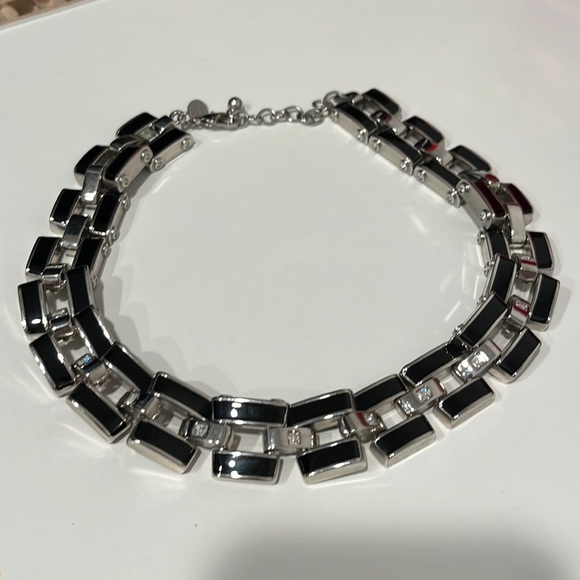 White House Black Market Square Enamel Necklace Black Silver Chain Link 18” - Picture 1 of 5